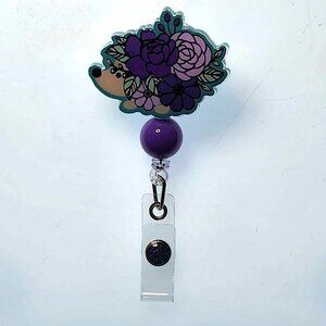 Badge Reel, Floral Hedgehog (swivel alligator clip)